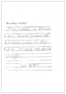 A child's neat handwriting on lined paper.