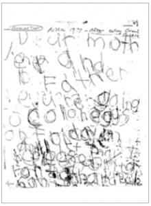 A child's messy writing with overlapping words and characters.